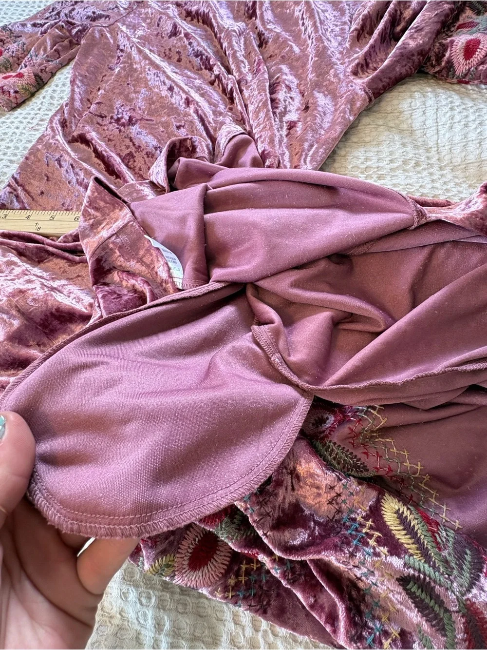 Orange Creek Floral Embroidered Crushed Velvet Dress S Mauve Midi Boho Flapper - Picture 13 of 13